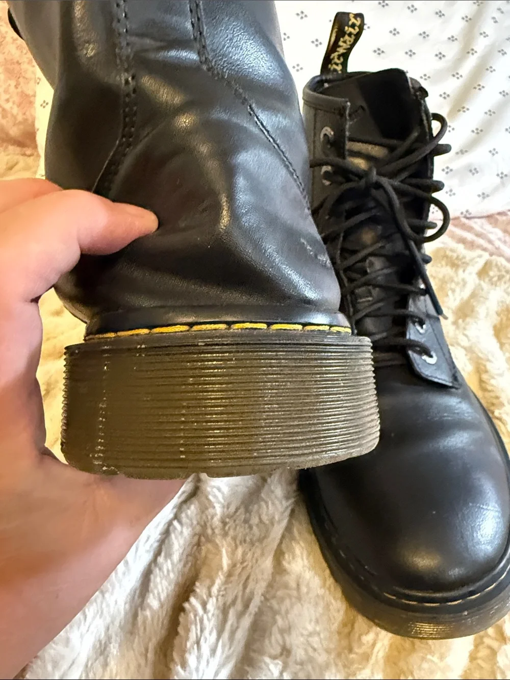 Dr. Martens Awley Black Leather Lace-Up Combat Boots with Yellow Stitch Nwot